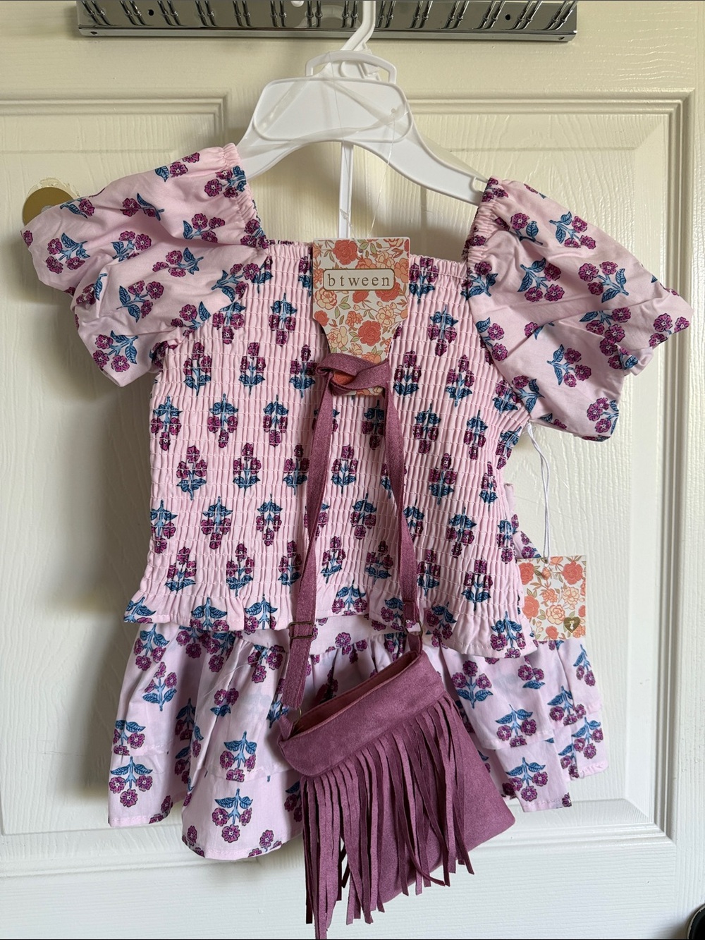 Btween Girls Pink Floral Smocked Top with Purse